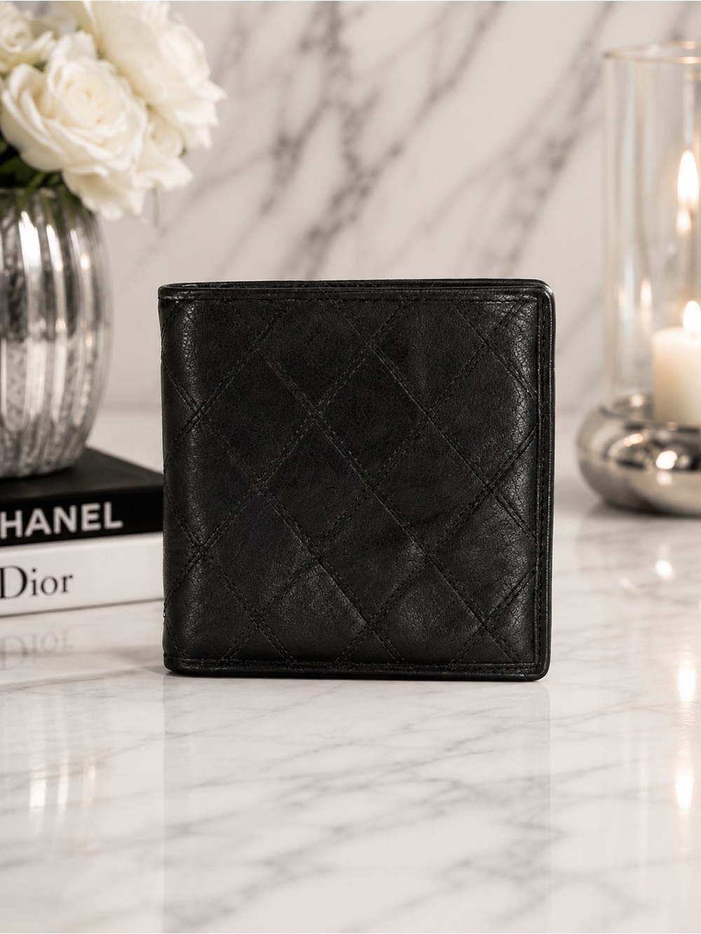 CHANEL Vintage Men’s Quilted Black Lambskin Leather Bifold Wallet With COA